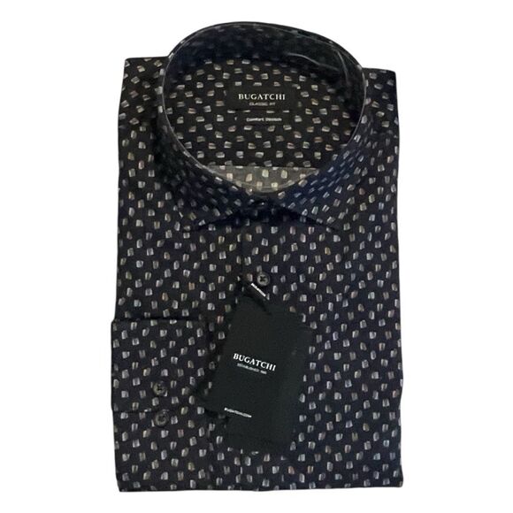 Bugatchi James Martin OoohCotton Button Down Shirt Blue Printed Pattern Long Sle - Picture 2 of 7